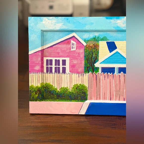 Acrylic Hand-Painted Suburban Neighborhood Art – 3D House Scene on Wood Frame - Picture 2 of 7